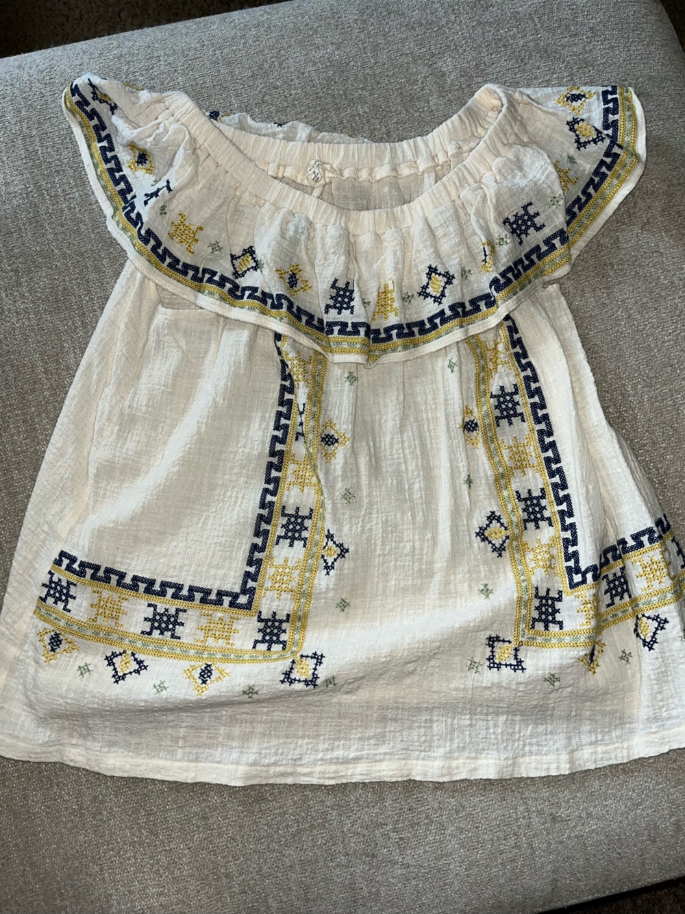 easel White Off-Shoulder Dress with Navy & Yellow Embroidery